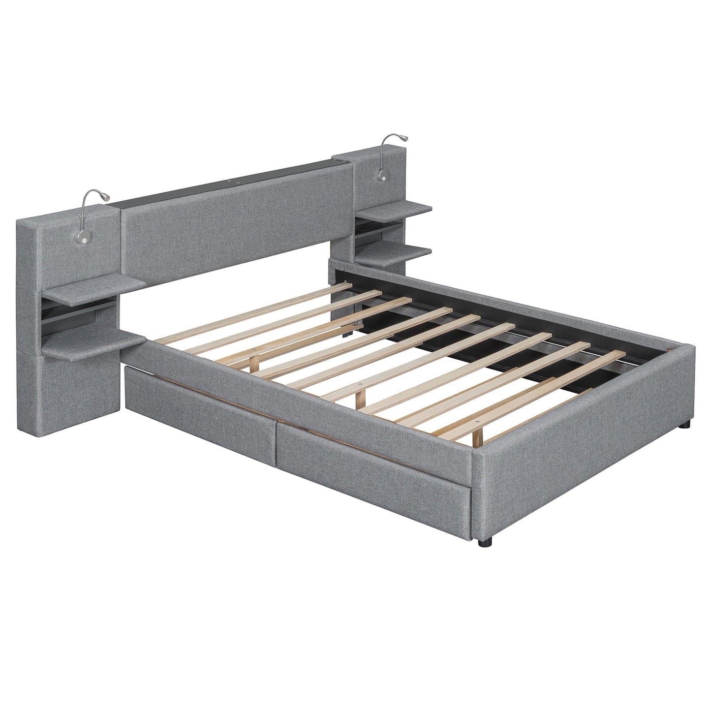 Upholstered Platform Bed With Reading Lights, Drawers, Trundle And Shelves