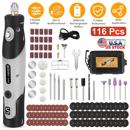 116Pcs 4V Cordless Rotary Tool Kit Power Rotary Tools with 5 Speeds 2000mAh Rechargeable Battery for Sanding Polishing Drilling Engraving Cutting Grin
