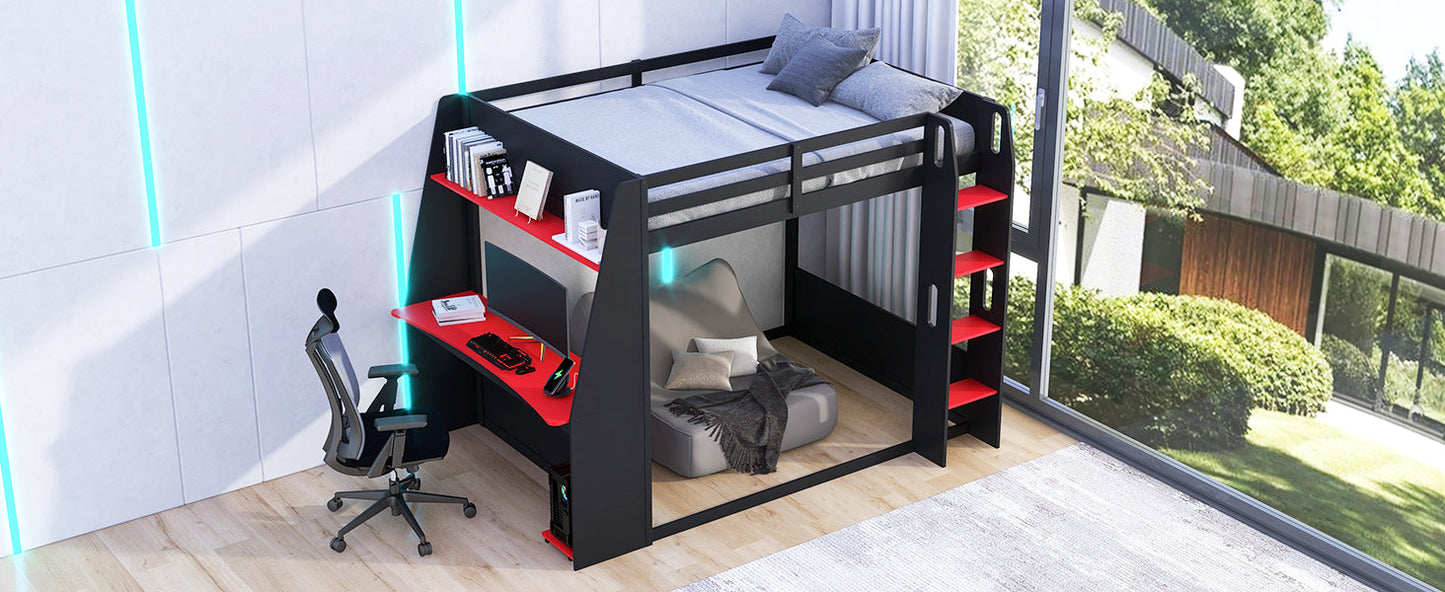Full Size Wooden Gaming Bunk Bed with Desk, Two Storage Shelves, USB and LED Light