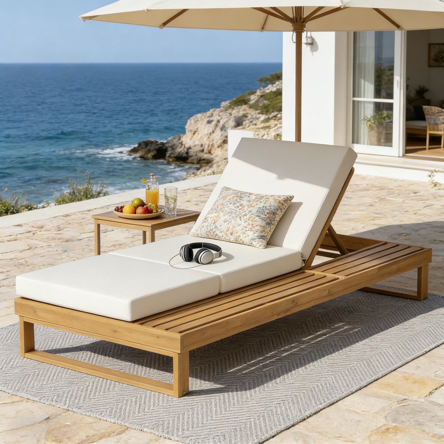 Teak Finish Acacia Wood Chaise Lounge with 4-Inch Cushion