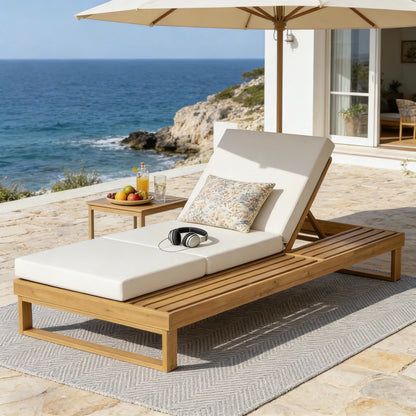 Teak Finish Acacia Wood Chaise Lounge with 4-Inch Cushion
