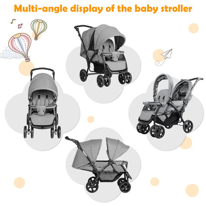 Foldable Lightweight Front Back Seats Double Baby Stroller-Gray