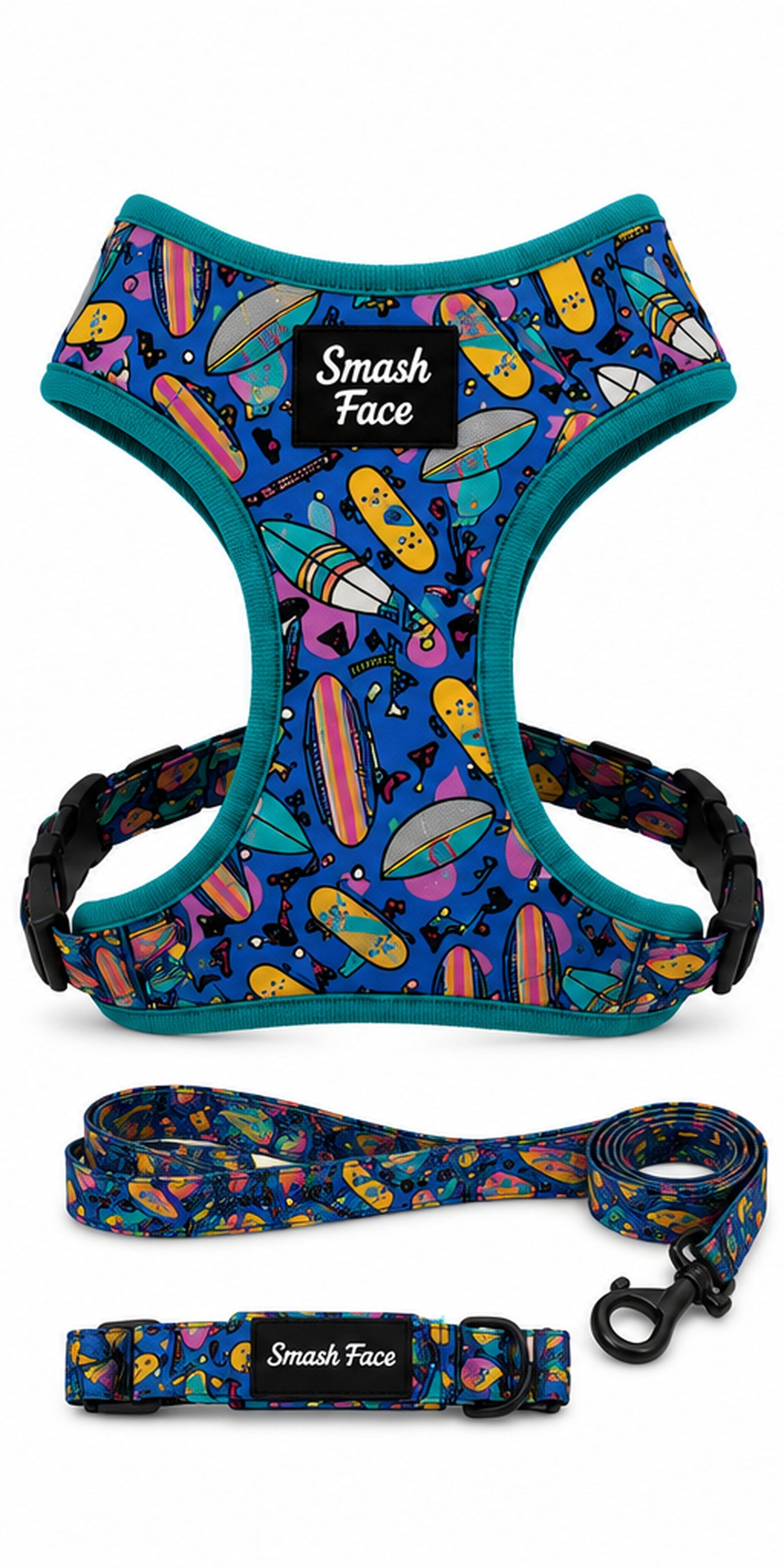 Totally Radical Reversible Dog Harness, Collar & Leash Set | Retro Gamer & Surf Skate Print | French Bulldog Harness