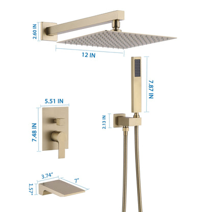 Tub Shower Faucet Set With 12" Rain Shower Head And Handheld Spray Combo