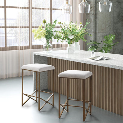 Backless Upholstered Counter Stool With Padded Seat - Ivory / Bronze