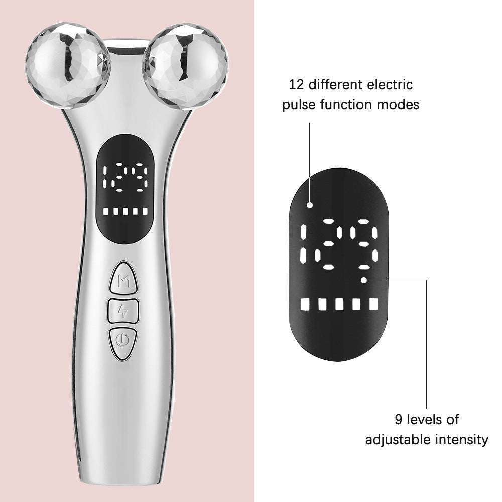 Silver Ergonomic EMS Microcurrent Facial Roller | Intelligent Pulse Face Slimming & Sculpting Device for Skin Tightening