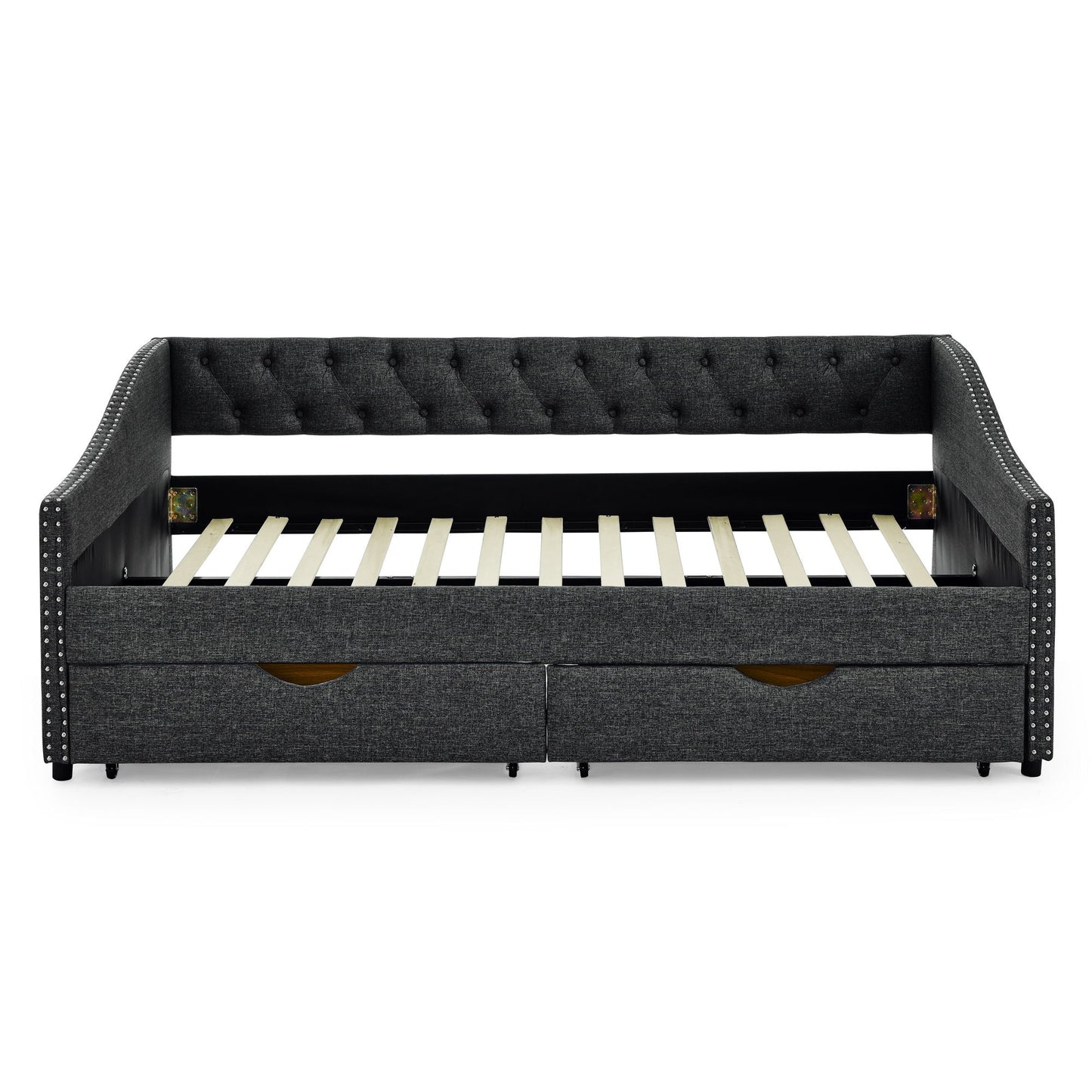Upholstered Tufted Daybed With 2 Drawers, Waved Arms