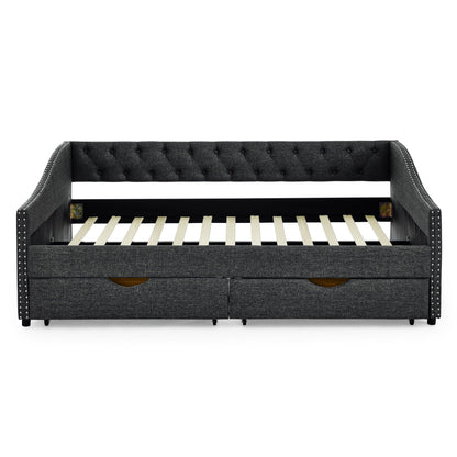 Upholstered Tufted Daybed With 2 Drawers, Waved Arms