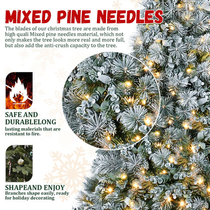 4FT Prelit Flocked Christmas Tree With Pine Needles & Eucalyptus Leaves