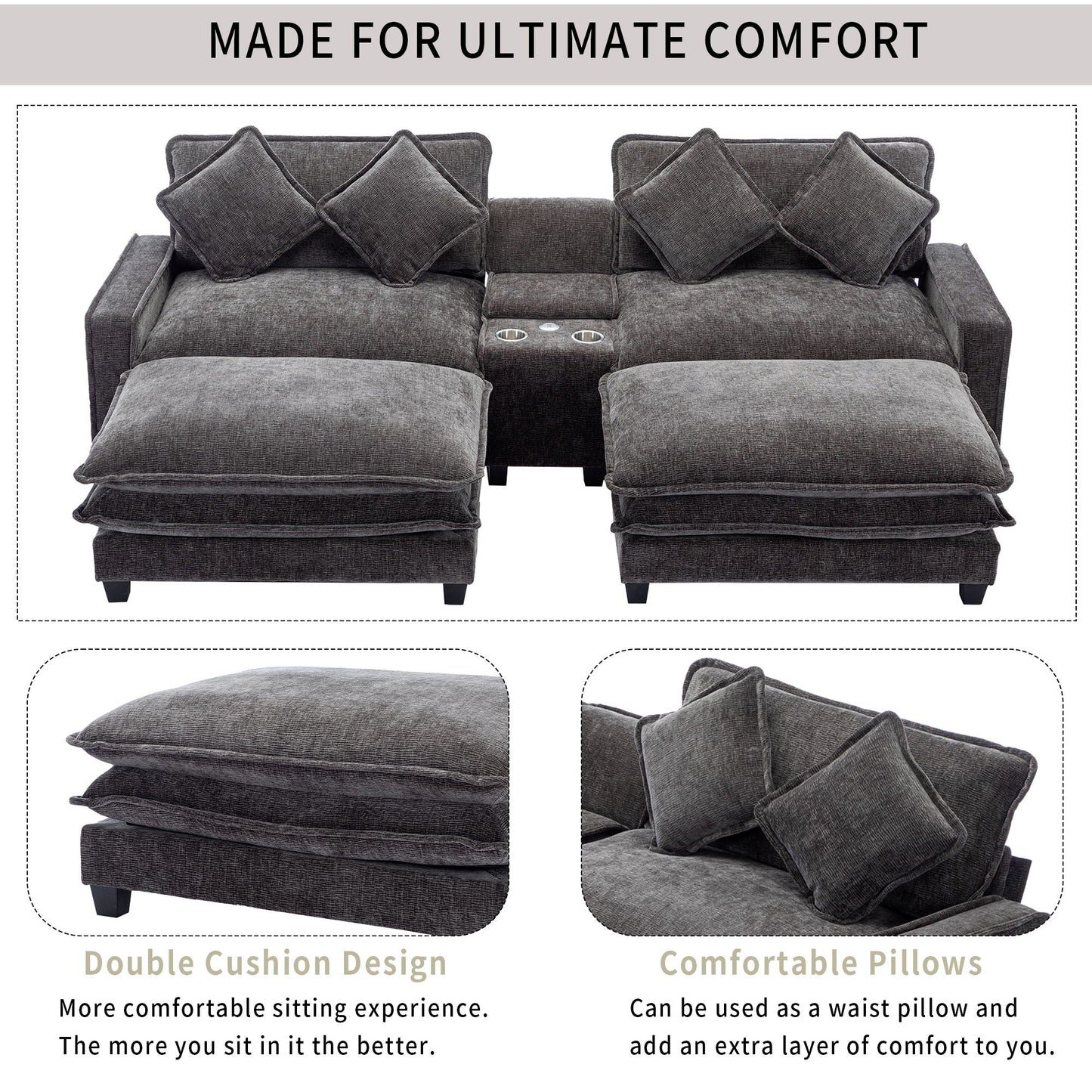 Modern Sectional Sofa With Removable Ottomans, USB Ports