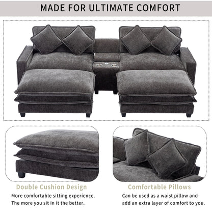Modern Sectional Sofa With Removable Ottomans, USB Ports