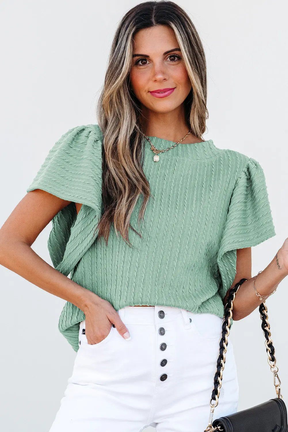 Accessories Love Salve Green Textured Top Women's Daily Wear Flutter Sleeve Blouse - Summer Ready