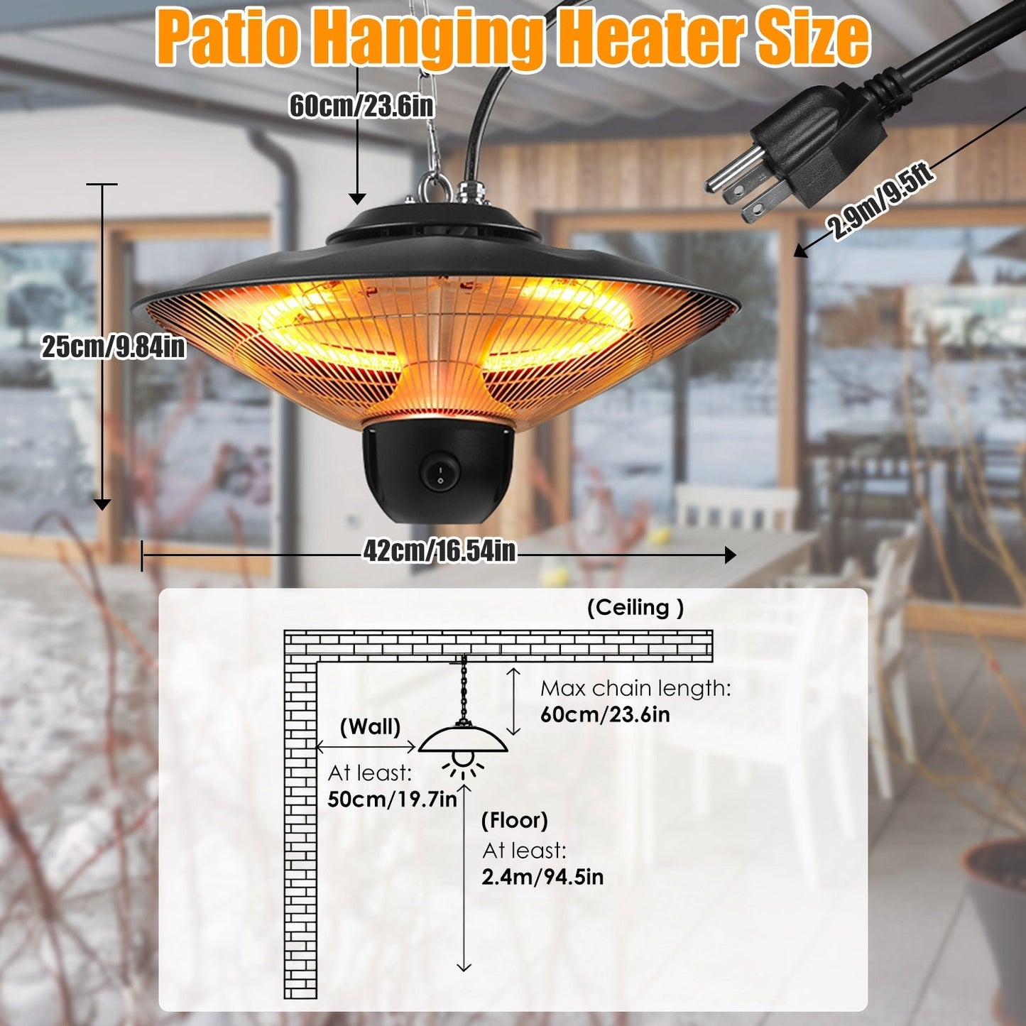 1500W Electric Hanging Patio Heater with 3 Heat Levels & Timer