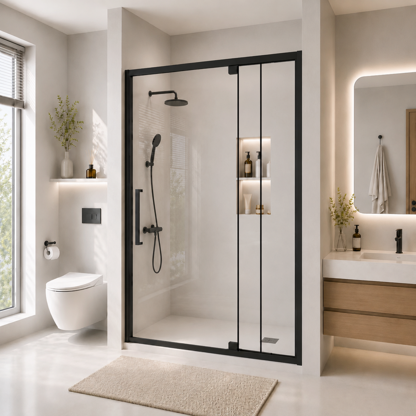 Semi-Frameless Pivot Hinged Glass Shower Door 56-60 in W x 72 in H, Matte Black