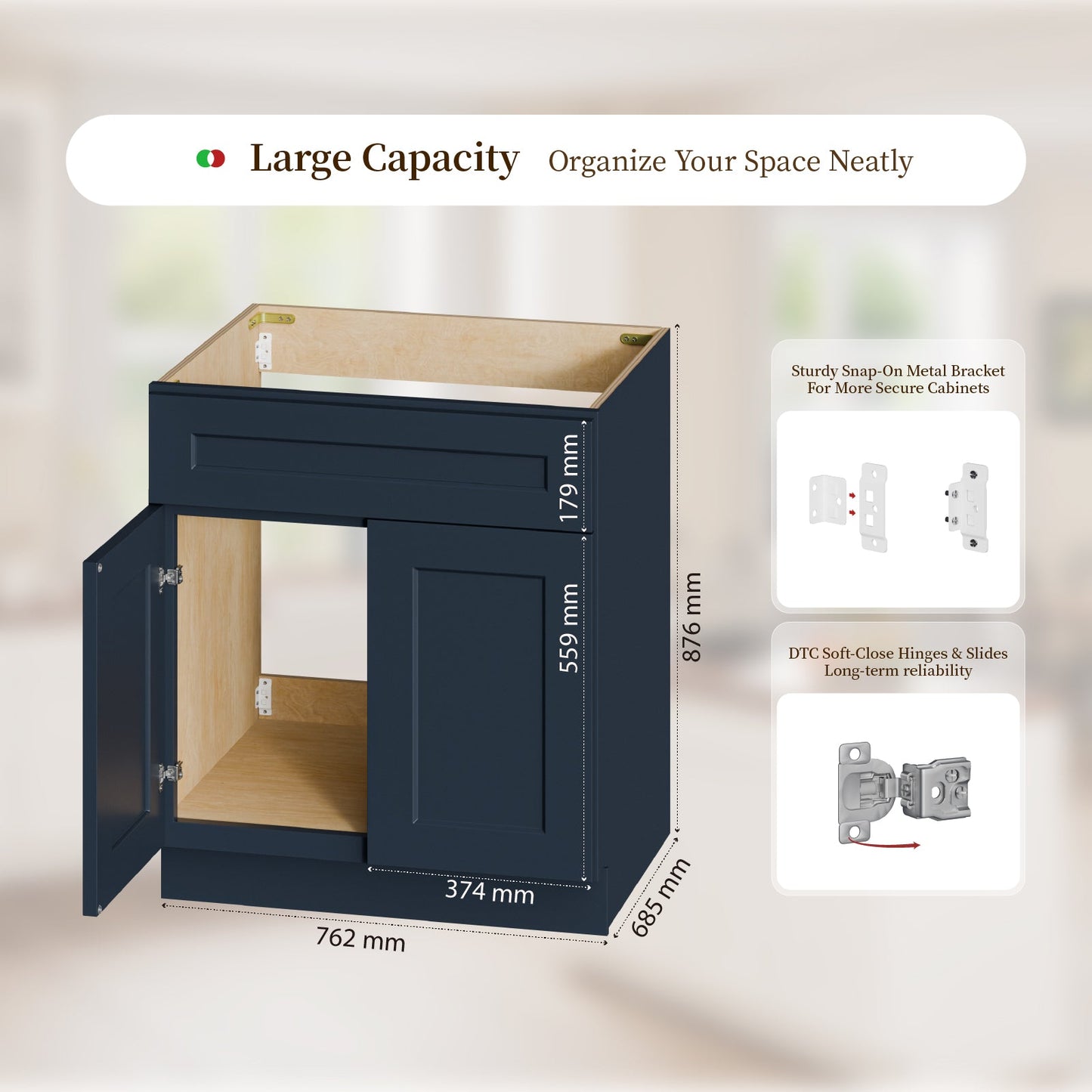Shaker RTA 30" Kitchen Sink Base Cabinet, Painted Navy Blue