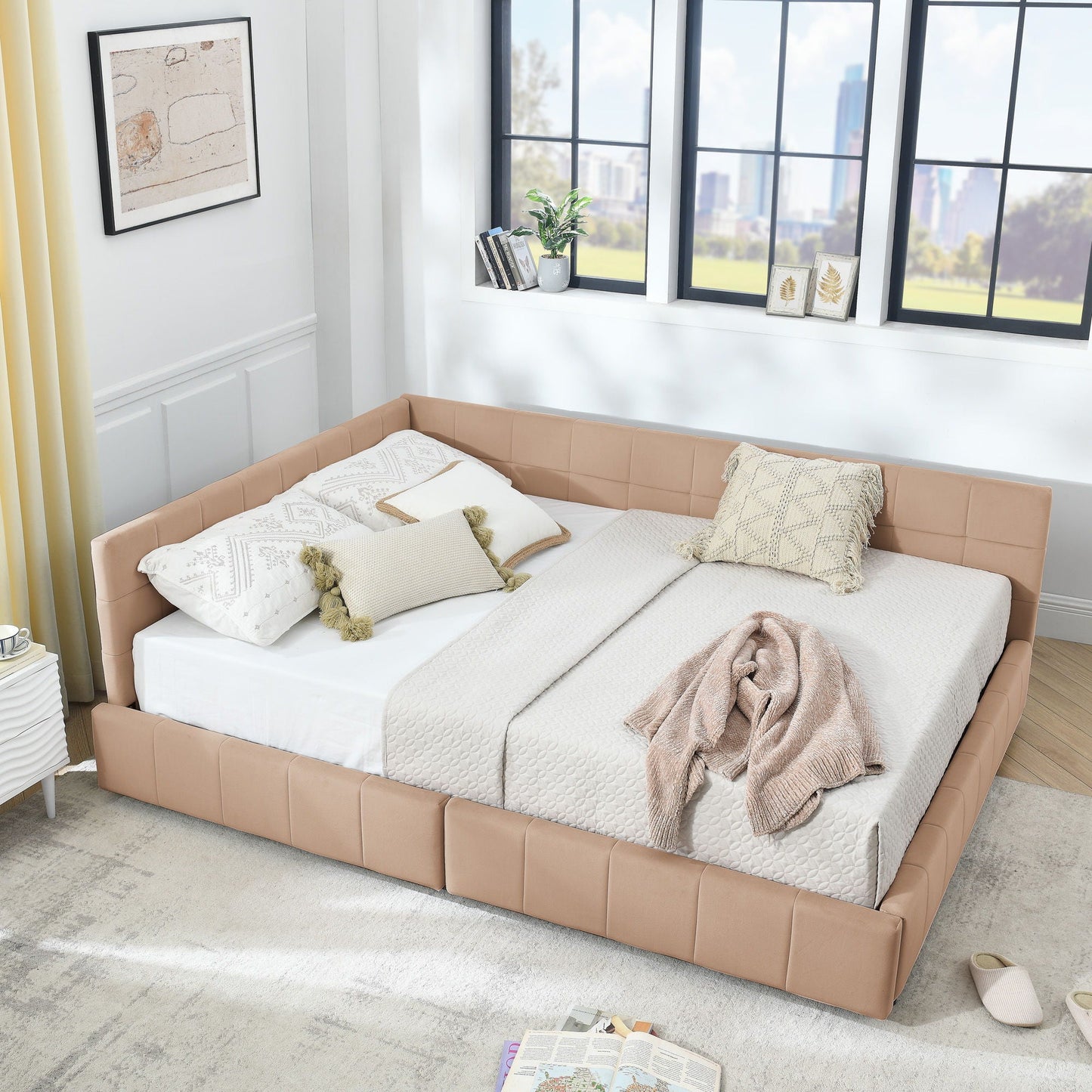 Mid-Century Storage Upholstered Tufted Bed Frame With Backrest And Armrests