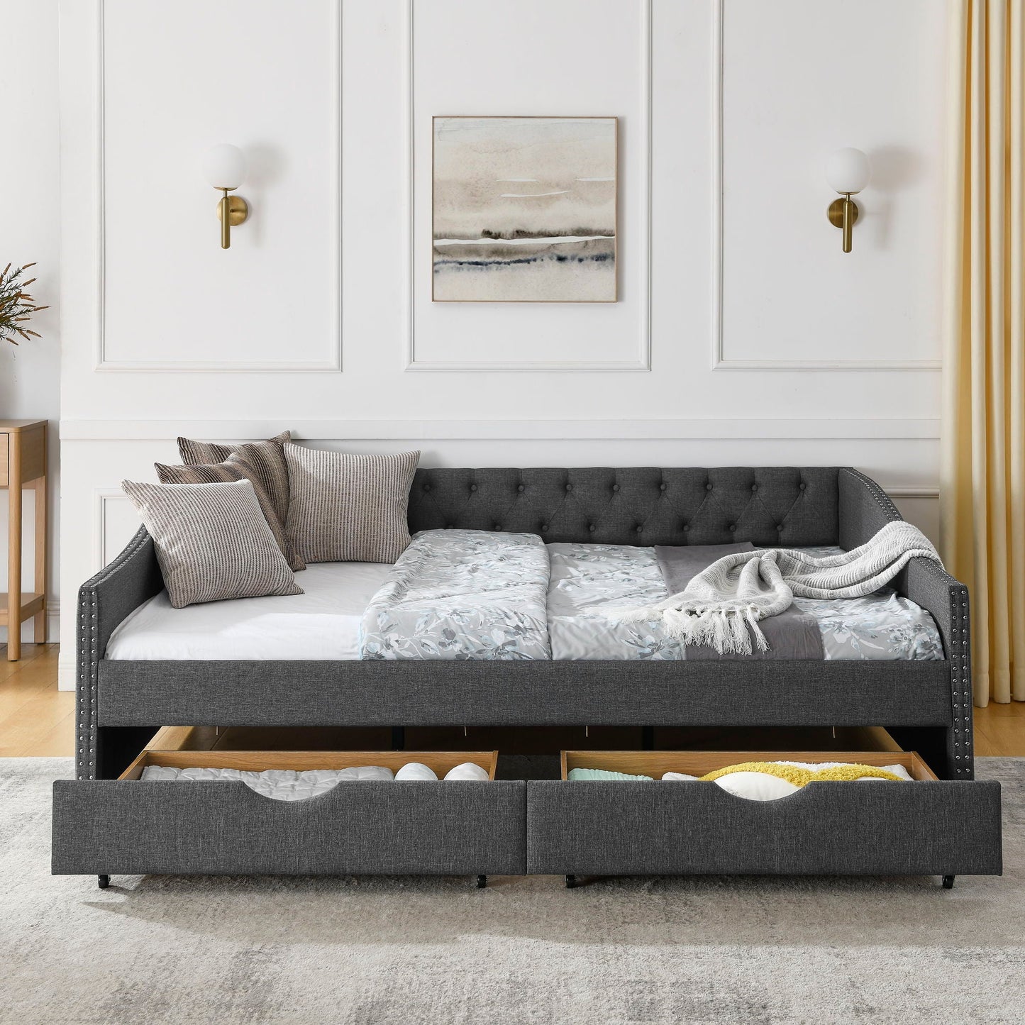 Upholstered Tufted Daybed With 2 Drawers, Waved Arms