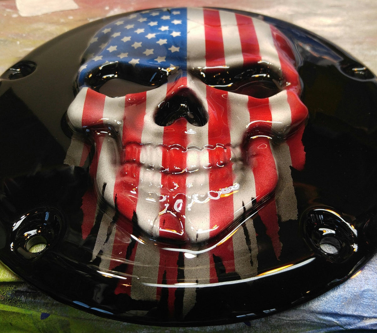 Points and Derby cover set with Skull with American flag gloss black background