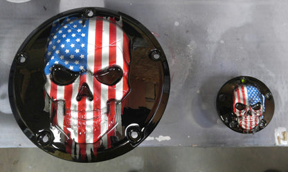 Points and Derby cover set with Skull with American flag gloss black background