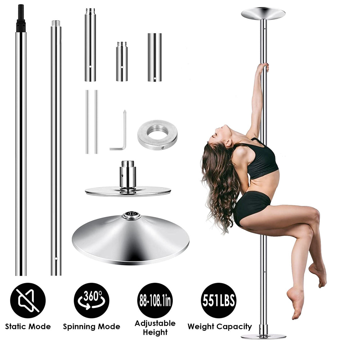 Dance Pole 45mm Spinning Static Dancing Pole with 88-108.1in Adjustable Height 551LBS Weight Capacity for Fitness Exercise Party Home Club Gy