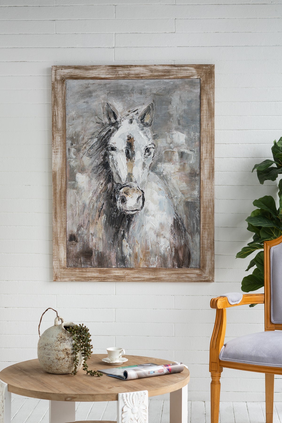 35.4x47.2x1.2" Hand-Painted White Horse Artwork