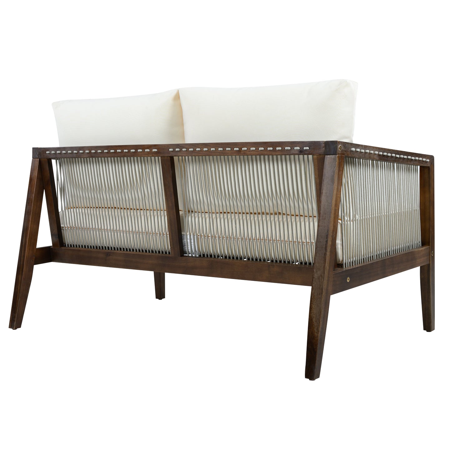 Outdoor Loveseat and Coffee Table Set, Acacia Wood Frame with Rope Detail