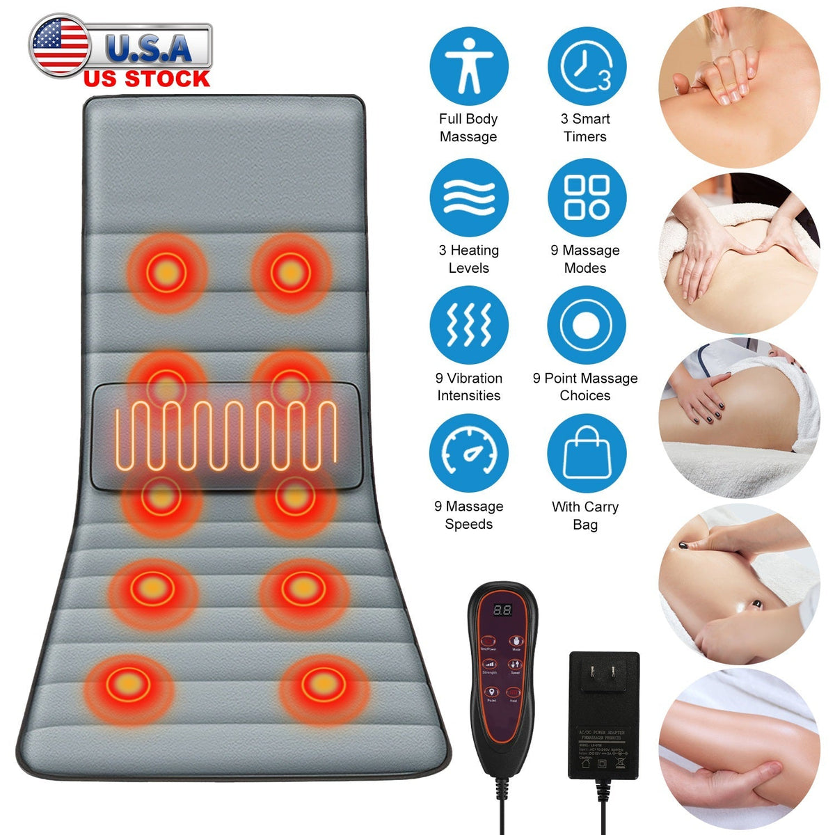 Full Body Electric Massage Mat with Heat Vibration Massage Pad Cushion Back Massage Mattress Chair Pad with Inflatable Head Pillow Lumbar Pillow with