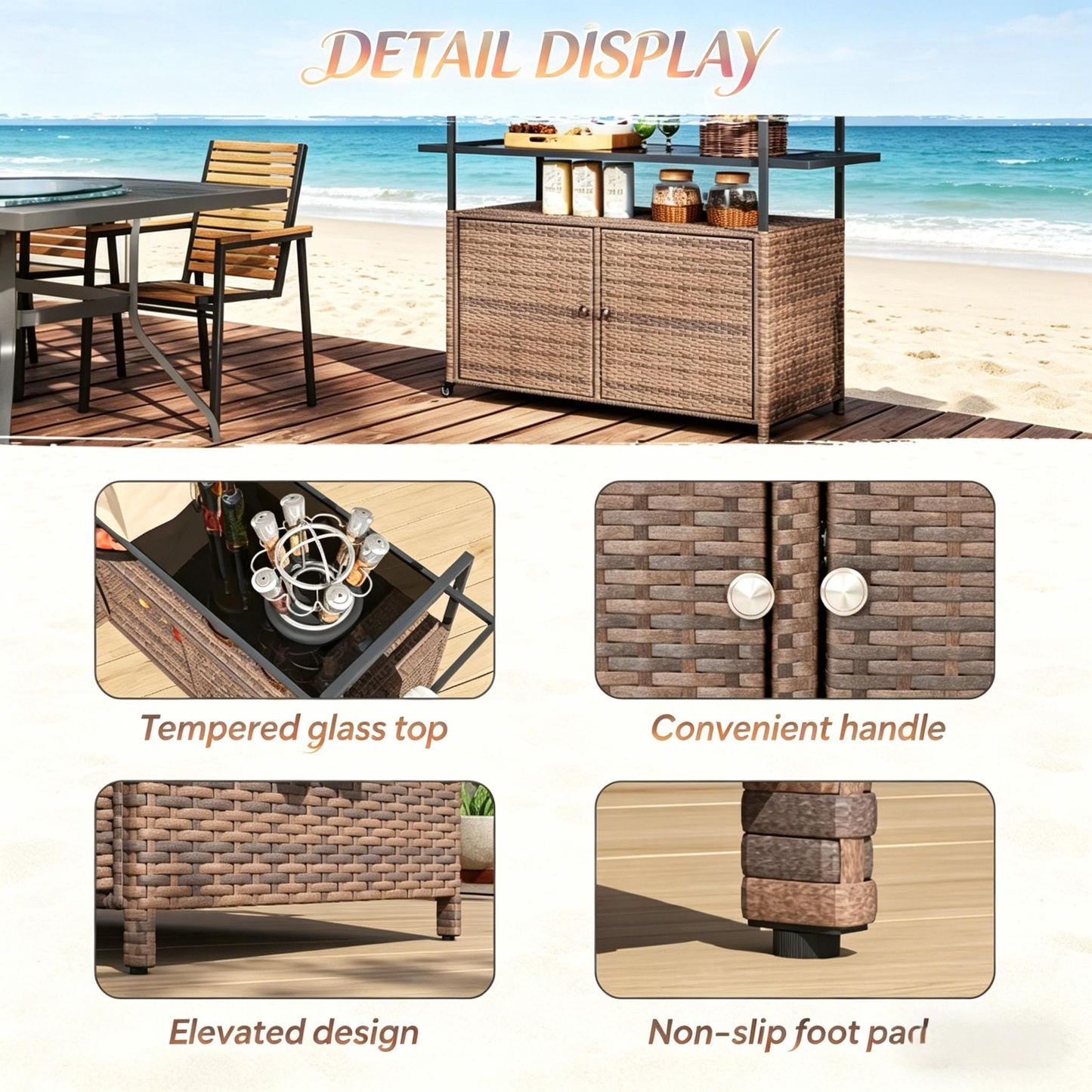 Rattan Storage Cart, Portable Outdoor Serving Cart, Garden Storage Organizer