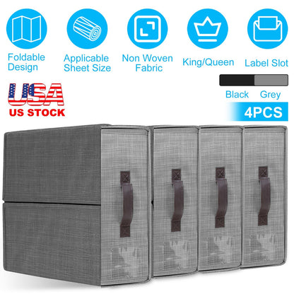 4Pcs Bed Sheet Set Organizers Foldable Bedsheets Storage Bins For Clothing Duvet Cover Pillowcase King Queen Bedsheet Closet Bedding Container With La