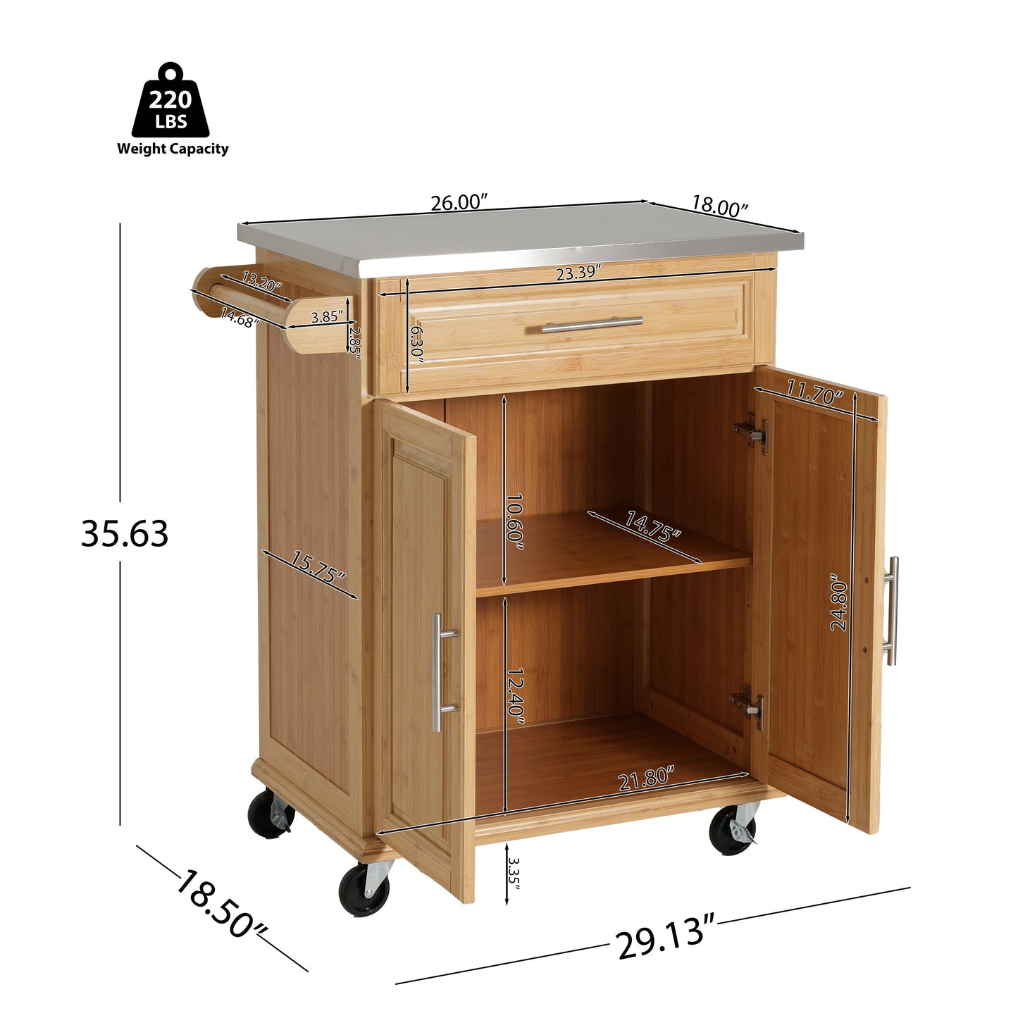 Indoor Compact Bamboo Rolling Kitchen Cart with Stainless Steel Top