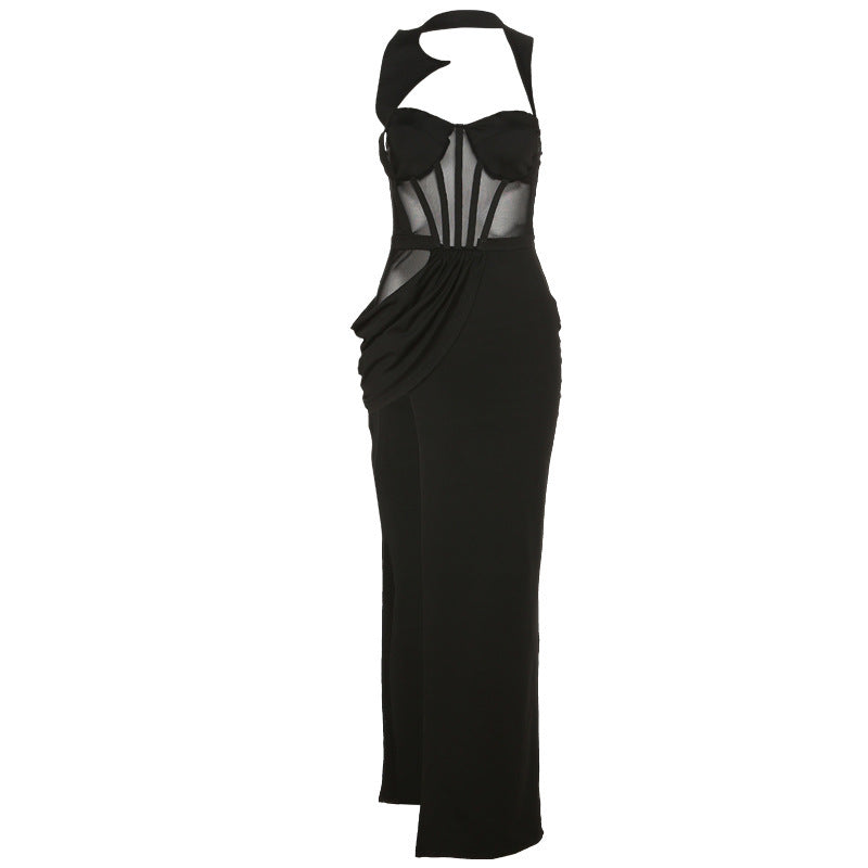 Back Mesh Pierced Air Quality Temperament Slit Dress