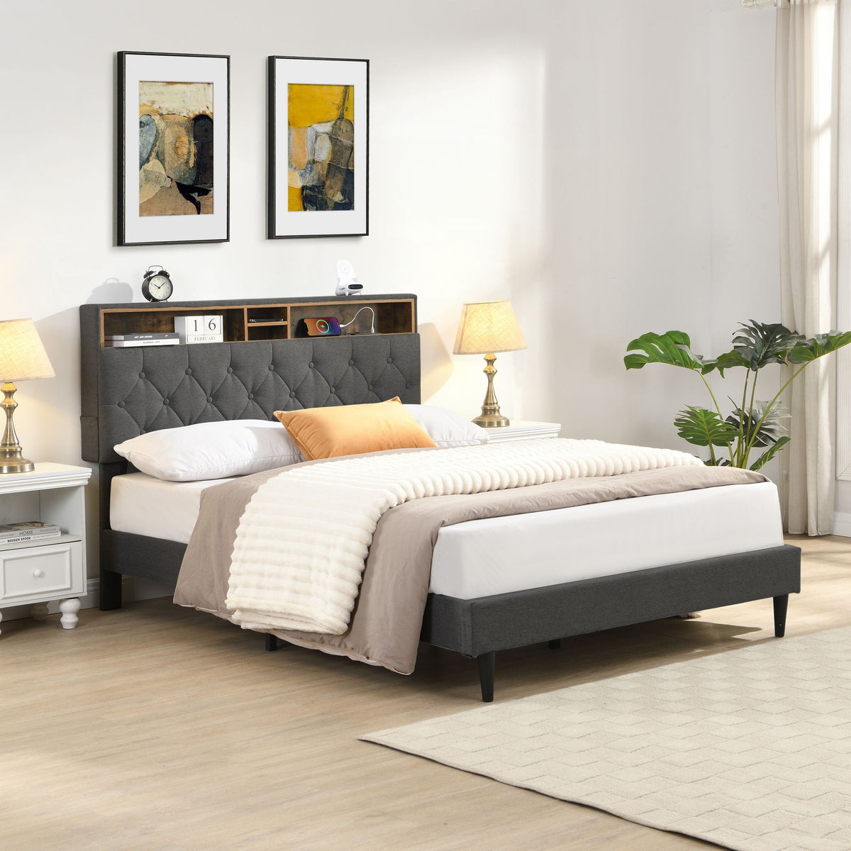 Modern Upholstered Platform Bed Frame With Button Tufted Headboard And USB Ports