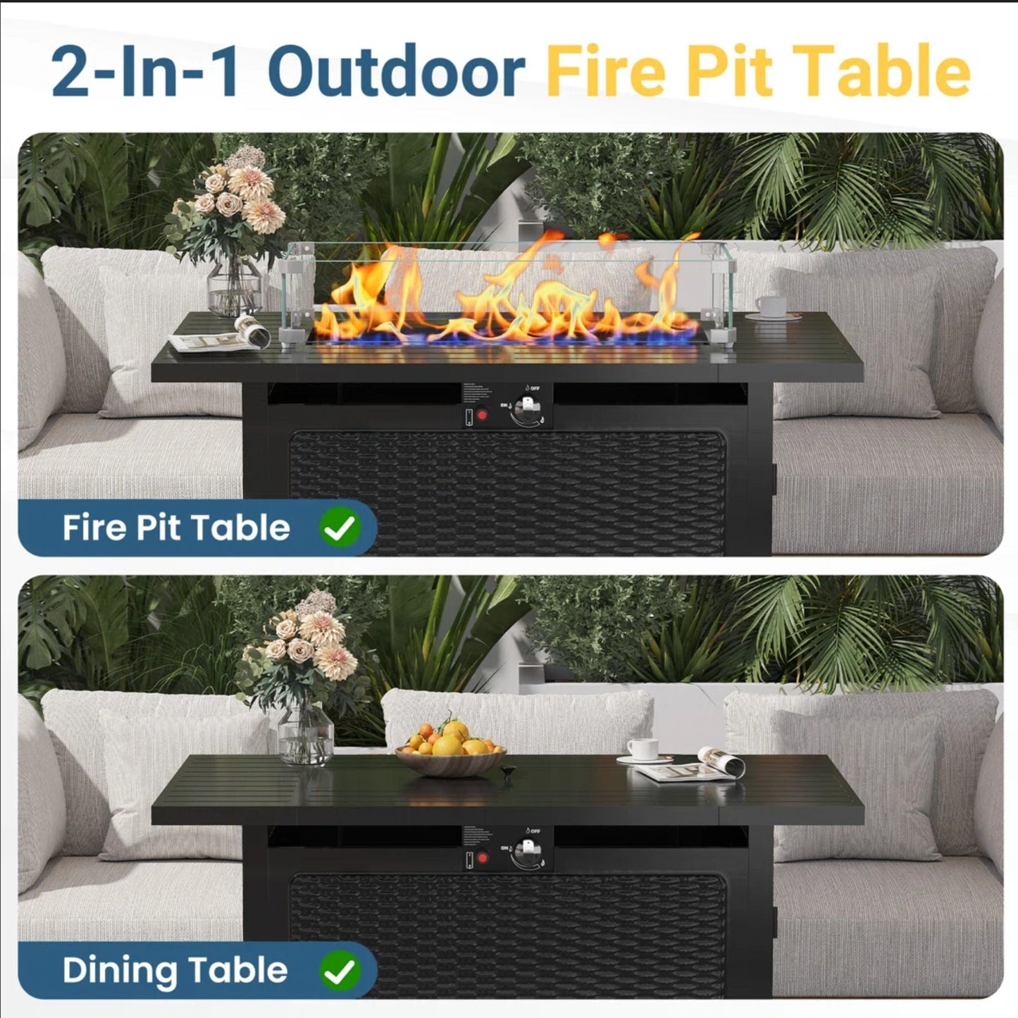 Outdoor 2 In 1 Propane Fire Pit Table With Lid & Glass Shield, Rectangular Fire Table, Lava Rock & Cover - Black
