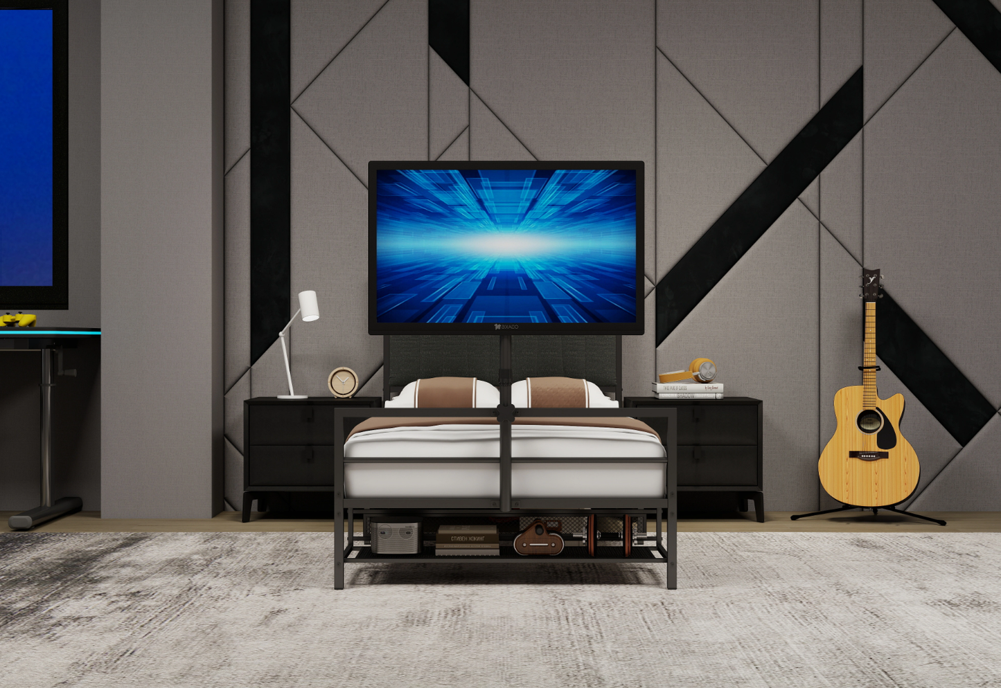 Twin Size Gaming Bed with Rotating TV Mount and LED Lighting