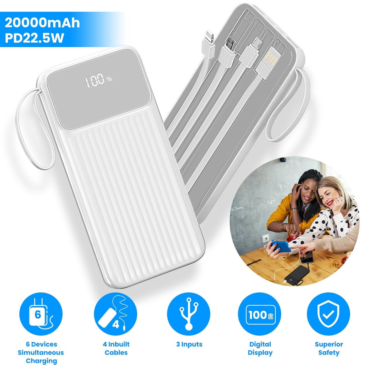 PD22.5W Fast Charger 20000mAh Fast Charging Power Bank Portable Charger with 4 Inbuilt Cables Digital Display Handle Fit For IOSPhone 15/14 Android An