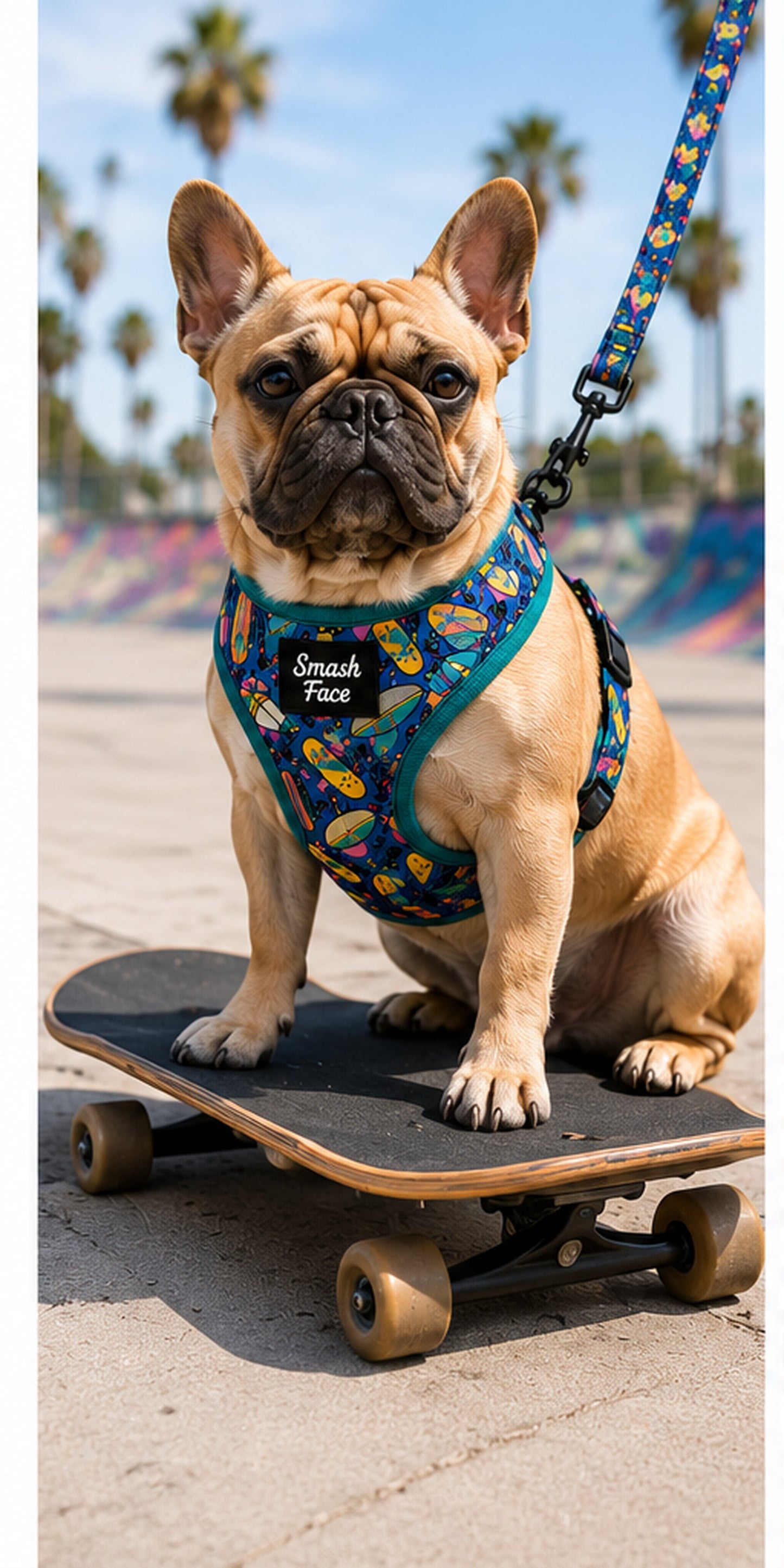 Totally Radical Reversible Dog Harness, Collar & Leash Set | Retro Gamer & Surf Skate Print | French Bulldog Harness
