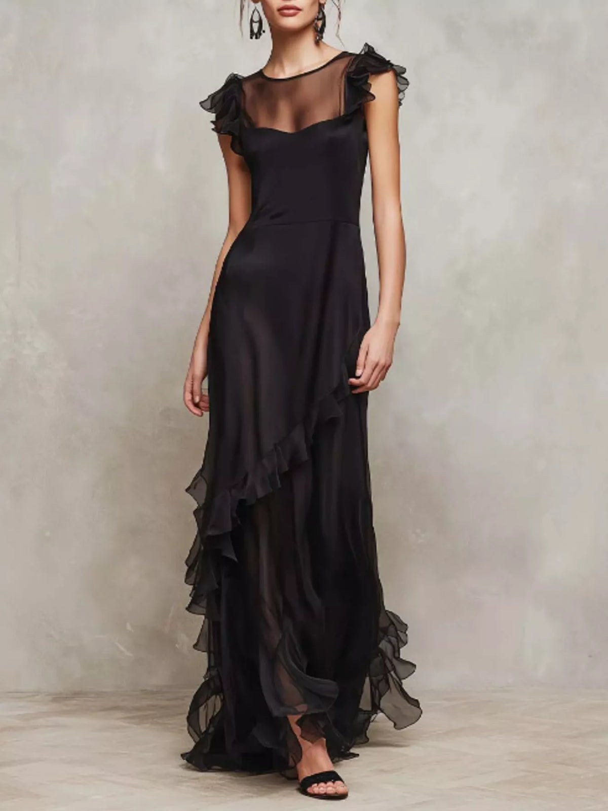 Sheer Ruffle Trim Maxi Dress