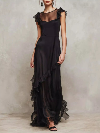 Sheer Ruffle Trim Maxi Dress