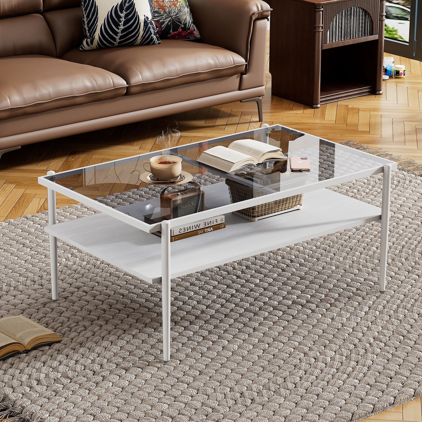 Rectangle Coffee Table With Tempered Glass Top And Legs, Modern Table For Living Room