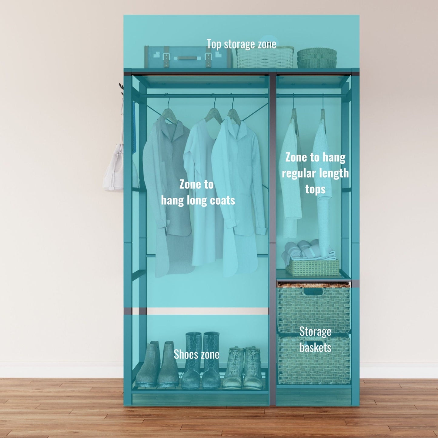 Garment Rack With Shelves, 2 Wicker Drawers, 4 Hooks Organizer