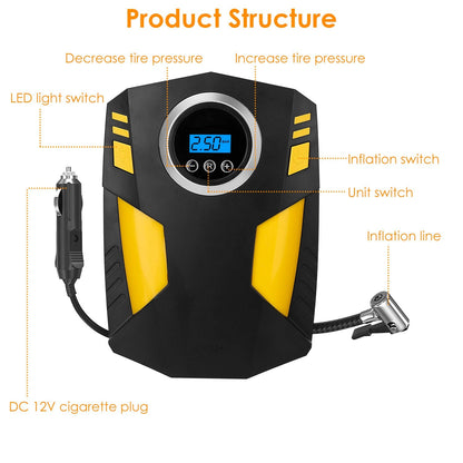 Portable Car Tire Inflator DC 12V Digital Car Air Pump Compressor Electric Air Pump w/LED Light 150PSI