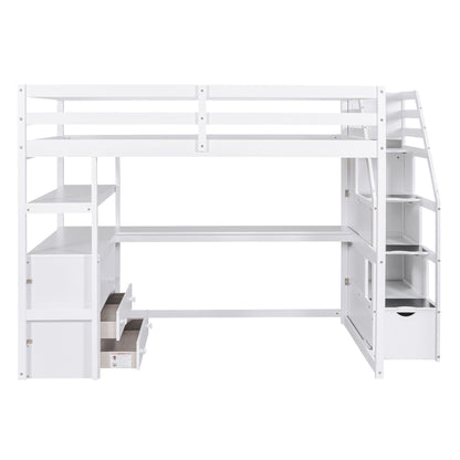 Loft Bed With Desk, Shelves, 2 Drawers, Storage Staircase
