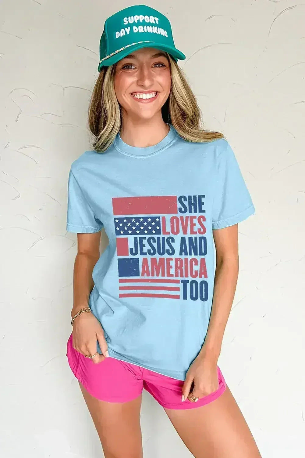 Light Blue SHE LOVES JESUS AND AMERICA TOO Patriotic T Shirt