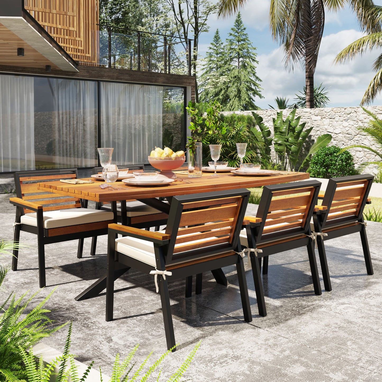 Modern 7-Piece Dining Set with Acacia Wood and Iron Frame