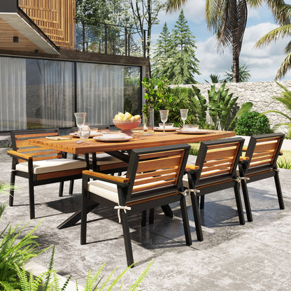 Modern 7-Piece Dining Set with Acacia Wood and Iron Frame