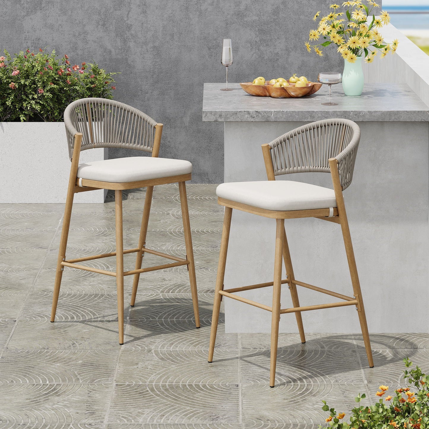 Outdoor Bar Height Metal Frame Counter Stools with Scallop-Shaped Backrest & Water-Resistant Cushions