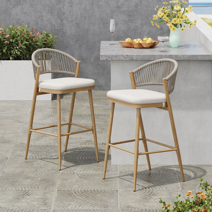 Outdoor Bar Height Metal Frame Counter Stools with Scallop-Shaped Backrest & Water-Resistant Cushions