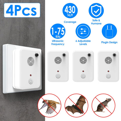 4Pack Plug In Ultrasonic Bat Repellent Indoor Bird Mouse Deterrent Device with 6 Adjustable Levels for Attic Garage Kitchen Warehouse