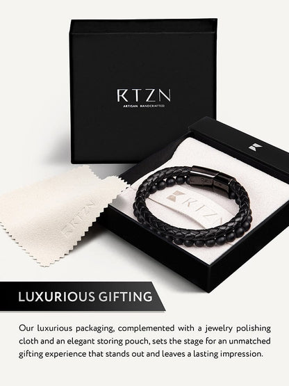 Black Braided Leather & Black Onyx Bead Bracelet