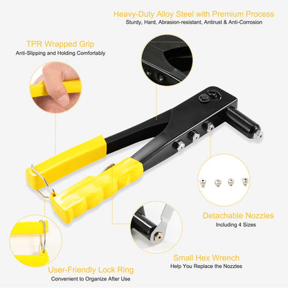 Hand Riveter Pop Rivet Gun 9.5inches Heavy Duty 4 Different Nozzles 1 Wrench Included Riveting Tool